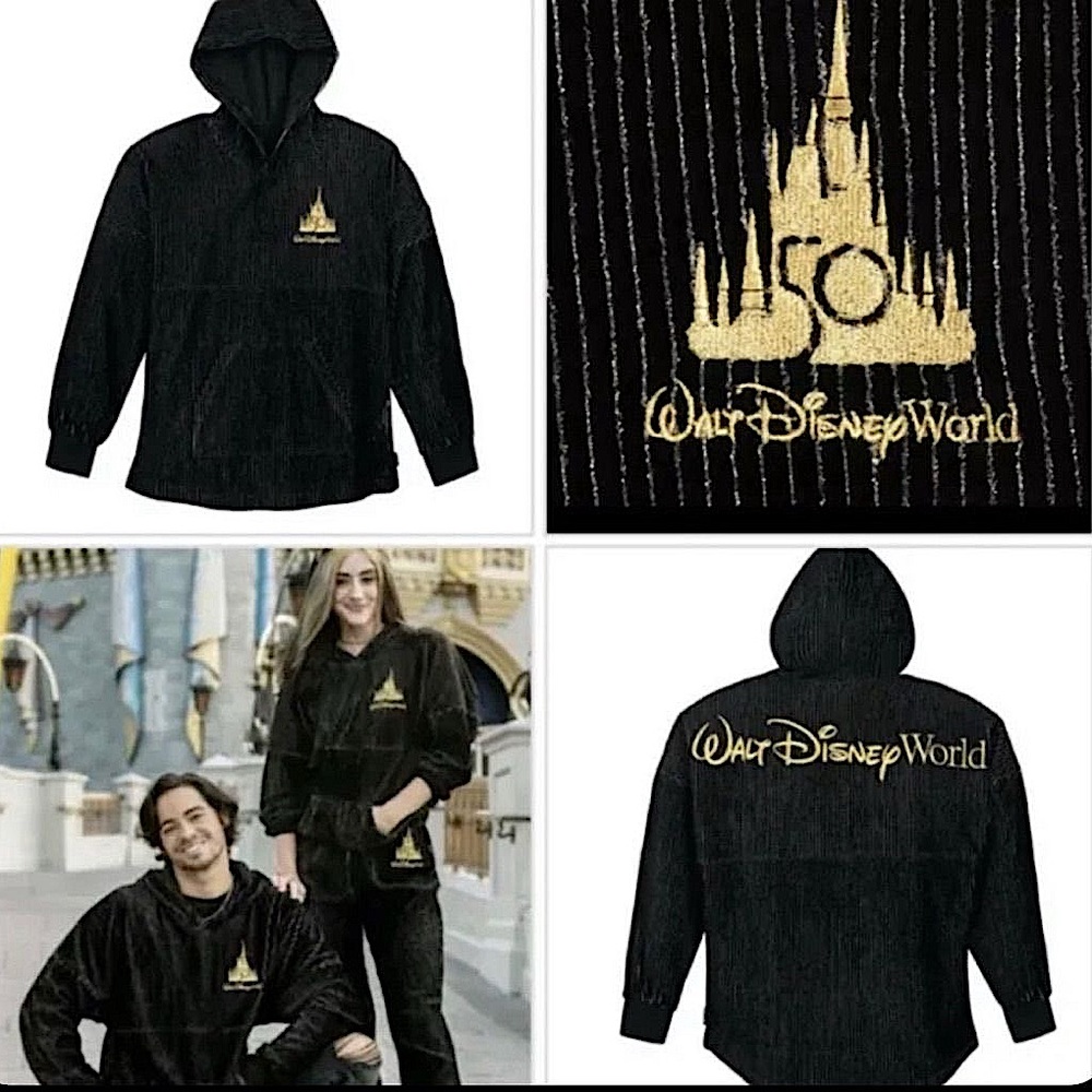 RARE Disney World 50th Anniversary Black Gold Corduroy Luxe Hooded Spirit Jersey